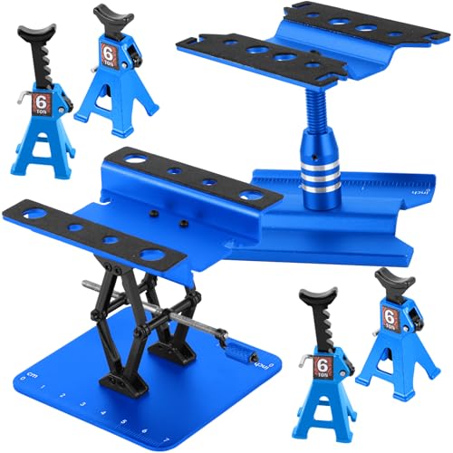 2-Pack RC Work Stand Bundle for 1/18 1/24 1/30 1/32 TRX4M K10 SCX24 FCX24 K5 AX24 SCX30 Ascent-32, 360° Rotating Display Stand & Height Adjustable Lift Table w/ 4 Pcs Jack Stands,Navy Blue w/Navy Blue - color: Navy Blue(1set)
