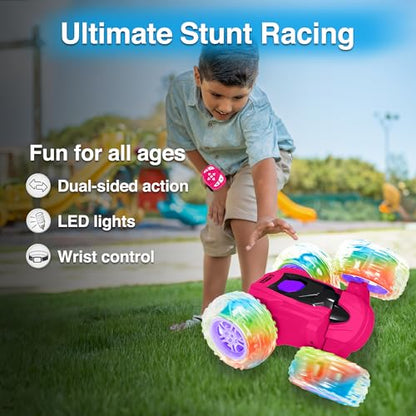 Contixo SC3 RC Stunt Car, Pink 2.4GHz 4WD Double-Sided 360° Rotating flip Racer Remote Control Toy Cars with LED Lights for Kids Girls Boys Age 4-12 Birthday Gift - color: Pink