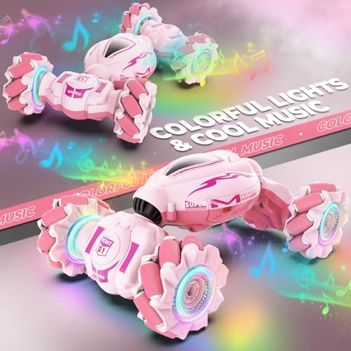 Dysaim Gesture RC Car, Gesture Sensing RC Stunt Car Toys for Kids 6-12 yr, 2.4GHz 4WD Hand Remote Control with Lights Music, Off-Road 360° Rotation Drift for Birthday Toy Gifts - color: Pink