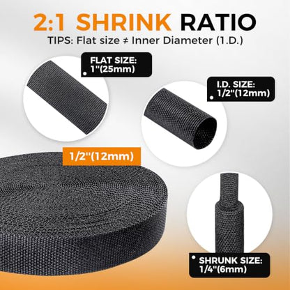 2:1 Ratio Automotive Heat Shrink Braided Sleeving 1/2''-12ft | Black 2 in 1 Ratio Wear-Resistant Flat Woven Heat Shrinkable Sleeve Fabric for Car Cable Wires Hoses Cord Protection - size: 1/2"-12ft