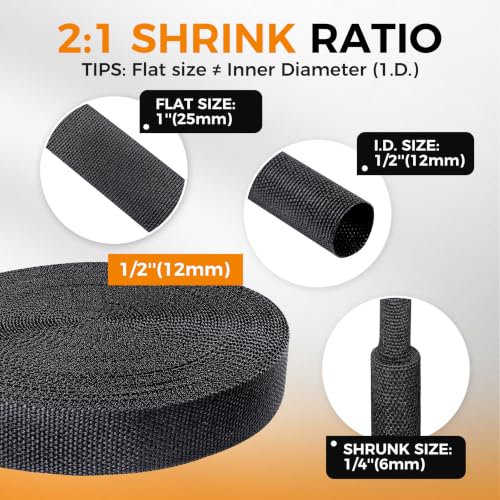 2:1 Ratio Automotive Heat Shrink Braided Sleeving 1/2''-50ft | Black 2 in 1 Ratio Wear-Resistant Flat Woven Heat Shrinkable Sleeve Fabric for Car Cable Wires Hoses Cord Protection - size: 1/2"-50ft