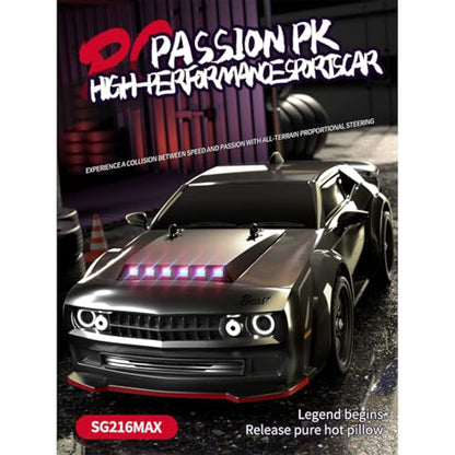 SG216 RC Drift Car, 1/16 Scale Full-Proportional 4WD High-Speed Remote Control Drift Car with 7-Mode LED Lights, Powerful Electronics, Racing Vehicle for Adults (Brushless Version/Black) - color: Black