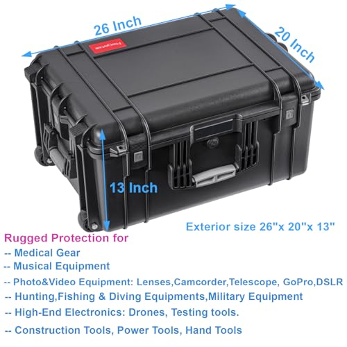 Regetek Rolling Hard Case with Foam,26 x 20 x 13 Inch, Equipment Case with Wheels and 4 Handles for camera, Drone,tool, electronics,Shockproof, Waterproof, TSA Friendly, Inner 22.64"X 16.73"X9.84"