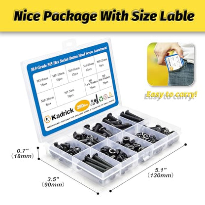 KADRICK 280PCS M5 Screw Kit,Hex Socket Button Head Screws Length 8MM-30MM | M5 Bolts with Nuts Flat & Lock Washers, Class 10.9 Alloy Steel,Black Oxide Finish - size: M5 280Pcs 8-30mm