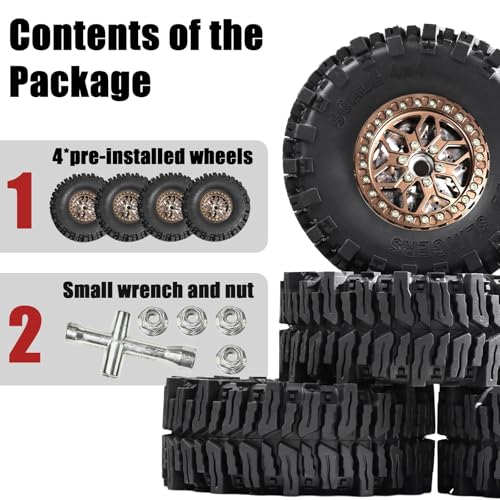 2.2 RC Crawler Tires Wheels Set, Mud Terrain Tires with Aluminum Beadlock Rims Brake Discs, 12mm Hex 5.5mm Positive Offset for Axial SCX10 SCX10 II III Pro Traxxas TRX4 TRX6 Redcat Gen8 VS4-10 - color: Bronze