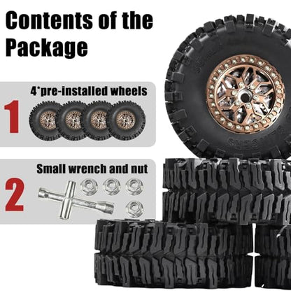 2.2 RC Crawler Tires Wheels Set, Mud Terrain Tires with Aluminum Beadlock Rims Brake Discs, 12mm Hex 5.5mm Positive Offset for Axial SCX10 SCX10 II III Pro Traxxas TRX4 TRX6 Redcat Gen8 VS4-10 - color: Bronze