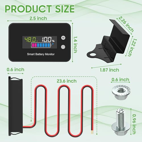10L0L IPX7 Waterproof Golf Cart Battery Monitor with Bracket,7V-100V Tester | 12V 24V 36V 48V 60V 72V Digital Display Lead-acid & lithium-ion Battery Voltage Remaining Capacity Percentage Tester