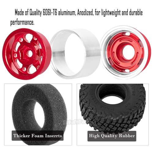 RC 1.0 Wheels and Tires for 1/18 TRX4M,1/24 SCX24 RC Crawler Car,RC Aluminum Wheel Rims & Rubber Tires w/Foam Inserts,RC 1.0 Off Road Buggy Rally Wheels and Tires,Red - color: Red - (4pcs Bailuchi Tires)