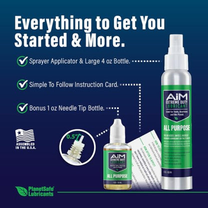 Planet Safe AIM Extreme Duty Lubricant (Small Bundle 1oz + 4oz) Made in The USA. Multi-Purpose for Home, Garage, Doors, Hinges, Gym Equipment - Penetrates, Cleans, Lubricates, Protects, 3 in 1 Oil - size: AiM | Bundle | Small