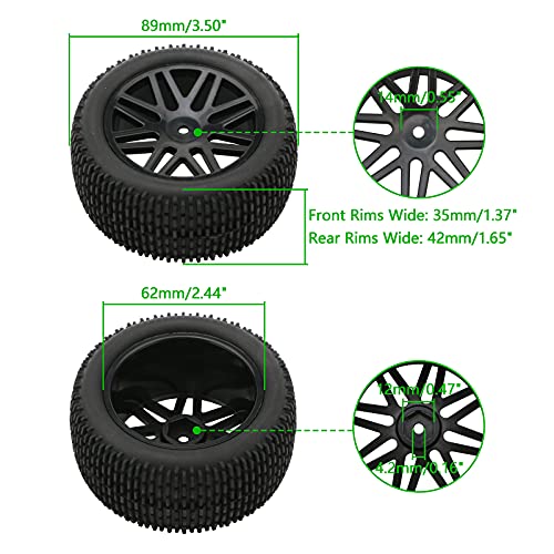 RC Tires & Wheels Set, Black, 4PCS, 1/10 Scale, 12mm Hex | Compatible with Traxxas Rustler Stampede Slash Bandit, Off-Road Buggy Tires, Foam Inserts - color: Black