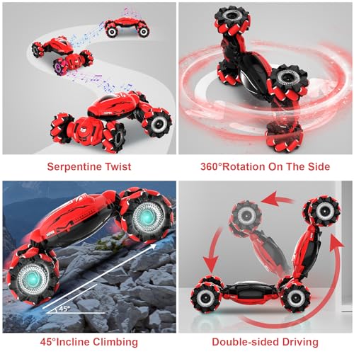 Fosgoit RC Car Toys for Boys Girls 6-12, Birthday Xmas Gifts for 6 7 8 9 10 11 12 Years Old, Gesture Sensing RC Stunt Car with Lights Music 2.4GHz 4WD Hand Remote Control 360° Rotate All-Round Drift - color: Red-black