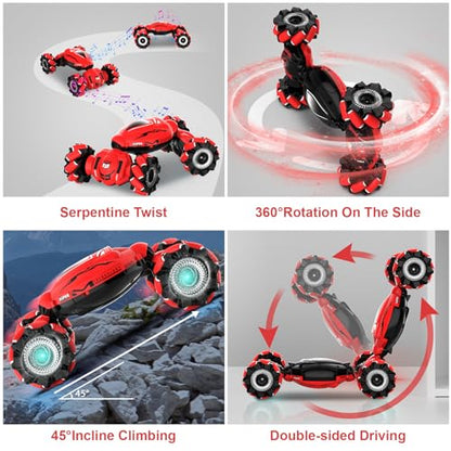 Fosgoit RC Car Toys for Boys Girls 6-12, Birthday Xmas Gifts for 6 7 8 9 10 11 12 Years Old, Gesture Sensing RC Stunt Car with Lights Music 2.4GHz 4WD Hand Remote Control 360° Rotate All-Round Drift - color: Red-black