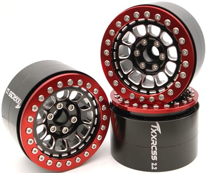RC 2.2 Aluminum Alloy Beadlock Wheels and Tires Upgrades Accessories Rims for 1/10 SCX10 TRX4RC4WD and D90 RC Crawler Axial Remote Control Car (4pc) (Black & Red) - color: Black & Red