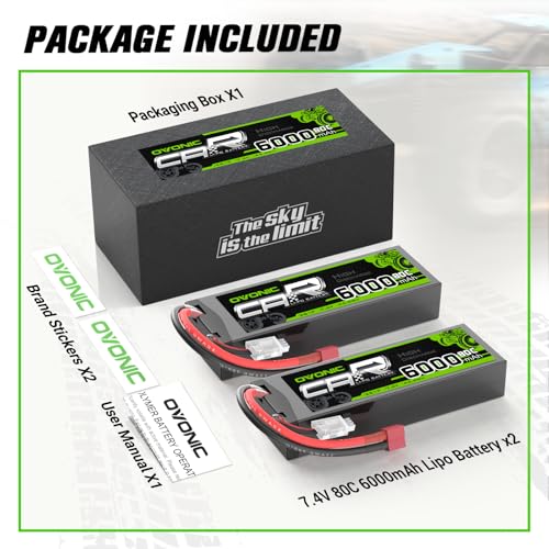 OVONIC 6000mAh 80C 2S 7.4V Lipo Battery Hardcase with Dean-Style T Connector for 1:8 Scale RC Car, RC Airplane, RC Helicopter, RC Boat (2 Pack)