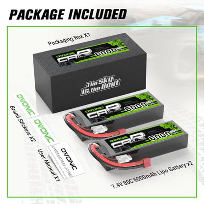 OVONIC 6000mAh 80C 2S 7.4V Lipo Battery Hardcase with Dean-Style T Connector for 1:8 Scale RC Car, RC Airplane, RC Helicopter, RC Boat (2 Pack)