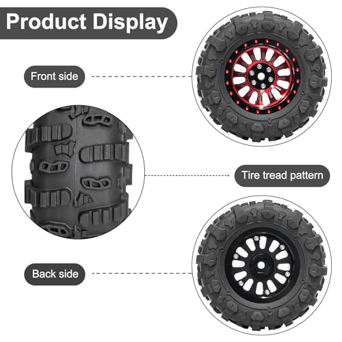 LRFHL 1.3" Beadlock Wheel Tires Aluminum for SCX24 TRX4M, 4PCS, Red | Upgraded 1.45-inch Wheel, 1/24 SCX24 1/18 TRX4M RC Crawler Car Upgrade - color: Black Tires+ Red Wheels-2