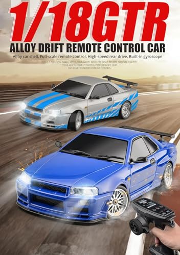 LD1899 1:18 RC Drift Car GTR R34 2.4GHz RWD with Gyroscope on-Road Alloy Body Shell Racing Cars Radio Control (Blue)