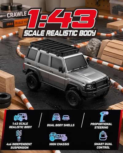 ARRIS 1/43 Desktop RC Crawler 4WD with Full Proportional Control | Smart App Control, Independent Suspension, Two Body Shells, LED Lights, Mini Trail Fun - color: Grey