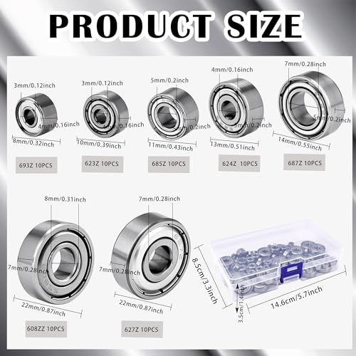 70 Pcs Ball Bearings Assortment Kit 608ZZ/ 693ZZ/ 623ZZ/ 624ZZ/ 685ZZ/ 687ZZ/ 627ZZ Double Metal Sealed Deep Groove Bearings for Wheel Skateboards 3D Printer