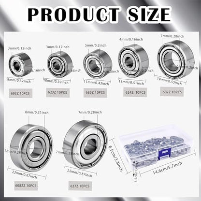 70 Pcs Ball Bearings Assortment Kit 608ZZ/ 693ZZ/ 623ZZ/ 624ZZ/ 685ZZ/ 687ZZ/ 627ZZ Double Metal Sealed Deep Groove Bearings for Wheel Skateboards 3D Printer
