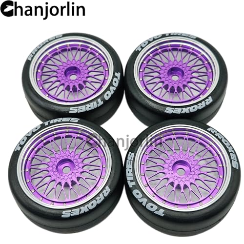 1/10 RC Drift Smooth Tires OD 2.56" & Aluminum Wheels 12mm Hex Hard Drift Racing Tyres for 1:10 1/12 Rally Street On Road Touring Car TT01 TT02 XV02 XV01 TA06 KYOSHO PTG2 4PCS (Purple) - color: Purple