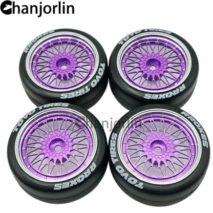 1/10 RC Drift Smooth Tires OD 2.56" & Aluminum Wheels 12mm Hex Hard Drift Racing Tyres for 1:10 1/12 Rally Street On Road Touring Car TT01 TT02 XV02 XV01 TA06 KYOSHO PTG2 4PCS (Purple) - color: Purple