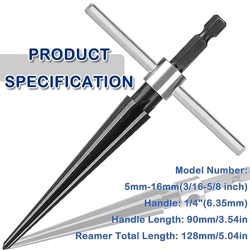 JONMON Tapered Reamer - 5-16mm Hand T Handle Straight Flute Hex Shank Construction Taper Bridge Pin Hole Handheld Reamer Drilling Tool for Chamfering, Sinking Plastic Wood Alloy Steel