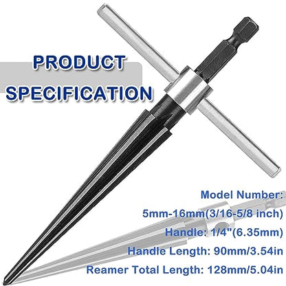 JONMON Tapered Reamer - 5-16mm Hand T Handle Straight Flute Hex Shank Construction Taper Bridge Pin Hole Handheld Reamer Drilling Tool for Chamfering, Sinking Plastic Wood Alloy Steel