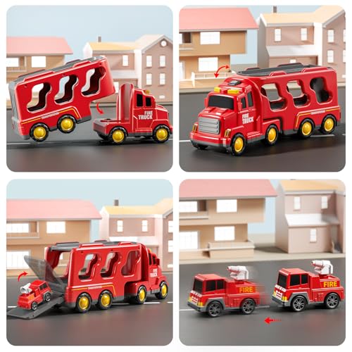 JUKUDAHU Fire Truck Toys for Kids Ages 3-5 - Carrier Vehicle Toy Set | Car Toys for Boys Ages 3+, Fire Toys, Kids Toys Truck Set for Ages 3-9, Birthday Gifts for Boys Girls - style: 5 IN 1 Fire Truck