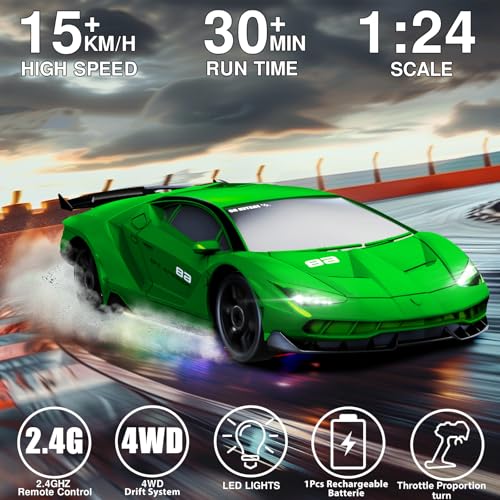 RC Drift Car 1:24 Remote Control Car 4WD 15KM/H High Speed Racing Sport Car with LED Lights RC Cars Toy for Kids Boys Girls Adults Gifts Birthday Christmas - color: Green