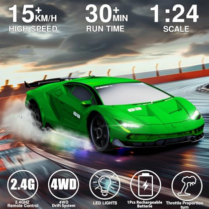 RC Drift Car 1:24 Remote Control Car 4WD 15KM/H High Speed Racing Sport Car with LED Lights RC Cars Toy for Kids Boys Girls Adults Gifts Birthday Christmas - color: Green