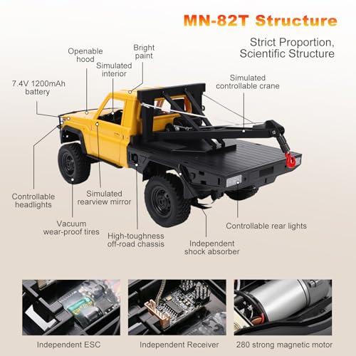 MN-82T RC Rock Crawler, 1:12 Scale 4WD Upgraded RC Truck with Crane Hook, 2.4Ghz Off Road Toy Pickup Truck with Lights, All Terrain Wrecker Vehicle for Teen Adults (Yellow) - color: Yellow