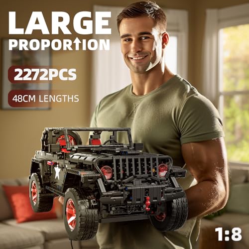 RC Off-Road SUV Wrangler Black Warrior Building Kits, 1/8 Scale Truck Car | with Remote Control Lights, Challenge Building Blocks Vehicle Gift for Technical Enthusiasts Adults & Teens Age 14+ (2272PCS)