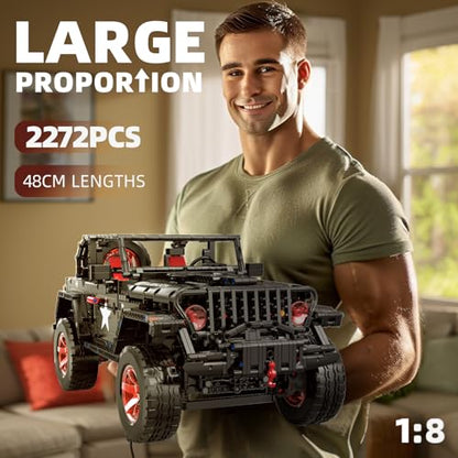 RC Off-Road SUV Wrangler Black Warrior Building Kits, 1/8 Scale Truck Car | with Remote Control Lights, Challenge Building Blocks Vehicle Gift for Technical Enthusiasts Adults & Teens Age 14+ (2272PCS)