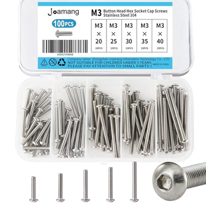 M3 x 20mm 25mm 30mm 35mm 40mm Button Head Socket Cap Screws Bolts, Stainless Steel 304, Metric Allen Hex Drive, Bright Finish, Fully Threaded, Assortment Kit 100PCS - size: Button M3x20-40 mm