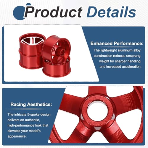 MECCANIXITY 4Pcs RC Car Wheel Rims, 20.5mm Dia 5-Spoke Red Aluminum Alloy Wheel Rims Hex Hub for HSP RC Drift Racing Touring Car - color: Red, size: 20.5mm Dia