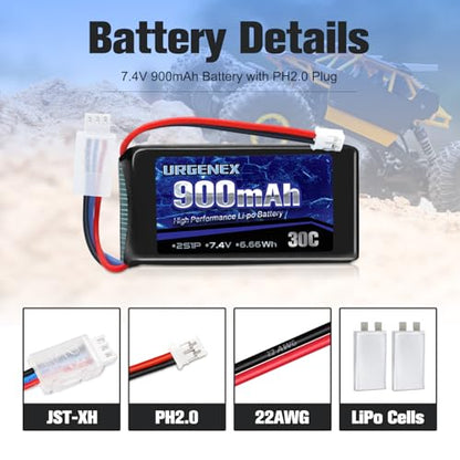 SCX24 Battery 7.4V Lipos 2S 30C(Burst 60C) 900mAh Rechargeable Lithium Battery with PH2.0 Plug Compatible with Most 1/10, 1/16, 1/18, 1/24 Scale RC Cars Trucks with 1TO2 USB Charger