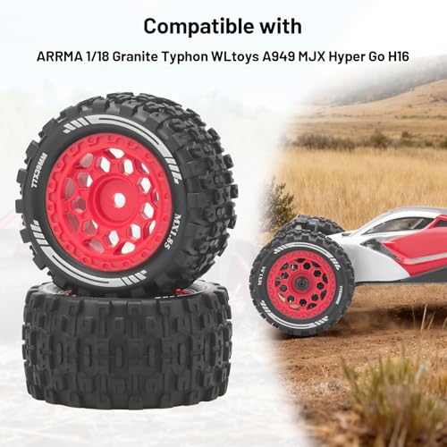 1/18 RC Car Tires and Wheels, daitoku 12mm Hex RC Truck Tires for 1/18 ARRMA Granite Typhon WLtoys A949 MJX Hyper Go H16 - Style A (Red)