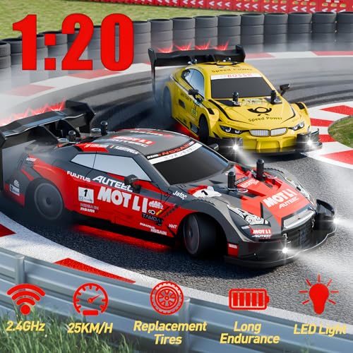 1:20 RC Drift Car for Kids,4WD 2.4GHz 30KM/H High Speed Remote Control Car, Racing Sport Toy Car with LED Lights,Drifting Tires＆2 Batteries (Red 01) - color: Red 01