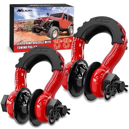 Nilight 3/4 Inch D Ring Shackle with Winch Pulley, Heavy Duty Shackle Pulley Set, 9,500 Lbs Working Load Snatch Block for Synthetic Rope and Steel Cable, Truck Jeep ATV UTV, 2-Piece Red - color: Red 3/4" w/Towing Pulley 2 Pack, size: 3/4 inch
