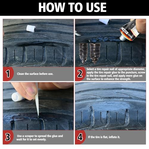 Tire Repair Glue, Rubber Cement Glue, 10ml*2 Quick-Drying Tires Repair Rubber Nail Kit, Strong Tire Plug Glues, Suitable for Bike, Car, Motorcycle, Off-Road, Truck, Tractor, Black (10ml*2)