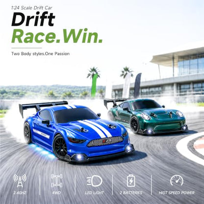 1:24 RC Drift Car, 20KM/H 4WD High Speed Remote Control Car with 2 Batteries, Extra Body Shell, Drift Tires, 10 Cones & LED Lights, 2.4GHz Racing Car Toy for Boys Girls.