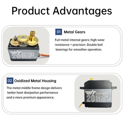 MENGJIE 20KG Digital Servo High Torque Full Metal Gear Waterproof Steering Servo with 25T Servo Arm for RC Car Crawler, Truck, Robot, Control Angle 180°/270°