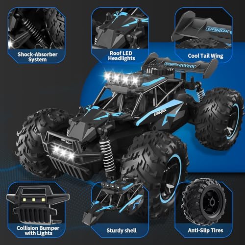 Carox Remote Control Car & RC Cars, 2.4GHz 25KM/H High Speed RC Car, 1:18 Off-Road Monster Truck with LED Lights and 1800mAh Rechargeable Battery–Blue - color: Blue