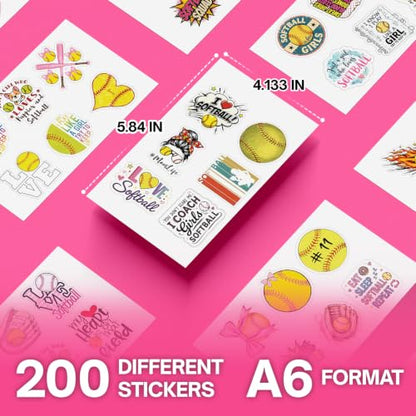 Premium 200 Pcs Pink Coquette Softball Stickers, Waterproof Vinyl | 200 Unique Designs Softball Sticker for Water Bottles, Laptops, Phone Cases, Journals, Scrapbooks, Softball Gifts & Girls - color: Pink Coquette Softball Stickers, size: 200 Pcs