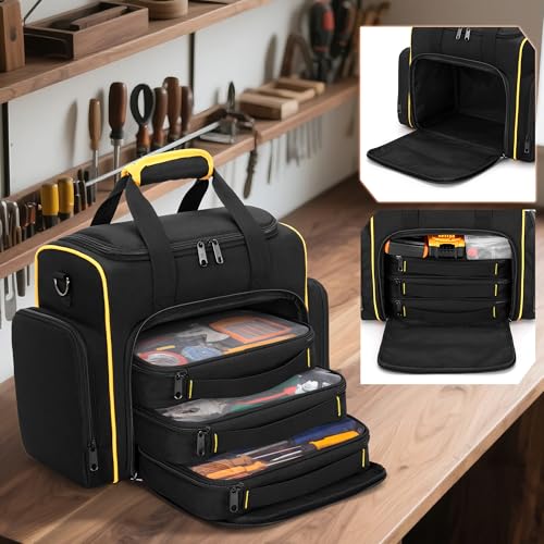 Marscamd Tool Bag with 3 Removable Cases, 2 Layers Tool Tote for Hand Tools | with Front Molle Straps & Detachable Shoulder Strap, Black with Yellow Binding - color: Black with Yellow Binding