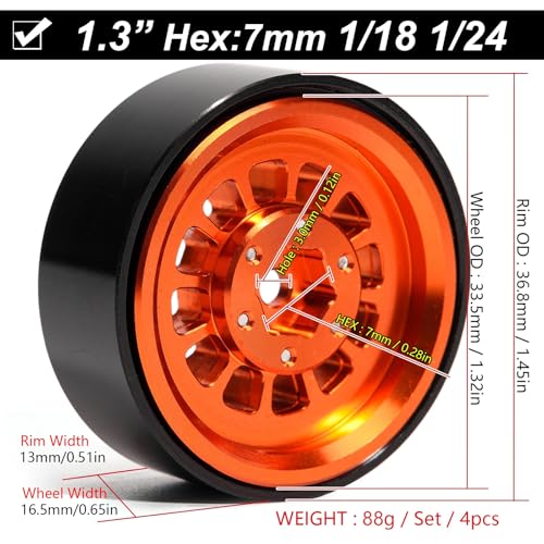 1.3” Aluminum Beadlock Wheels, -4.53mm Offset CNC 7 mm Hex Rims for 1/18 1/24 RC Crawler TRX4M, Axial SCX24 AX24, Redcat Ascent-18, FMS FCX24, 4 pcs, Orange - color: Orange