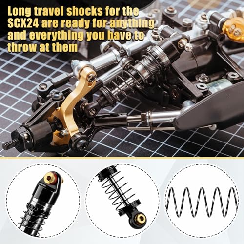 Skylety 7PCS RC Upgrade Kit Compatible with Axial SCX24 1/24 Crawler, 40mm Oil Filled Shock Absorbers, Brass Skid Plate, Steel Drive Shaft, Heavy Counterweight Chassis Parts