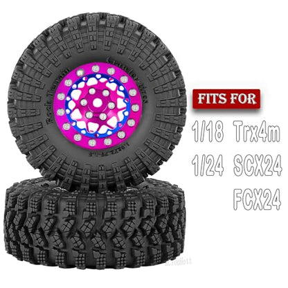 RC 1.3" Beadlock Wheel Tires Set/RC Wheels and Rim for 1/18 1/24 Trx4m SCX24 FCX24 RC Crawler Car,Aluminum 1.3 Wheel Rim Soft Rubber Tires w/Wheels Ring,Pink - color: Pink- (Wheel Tires)