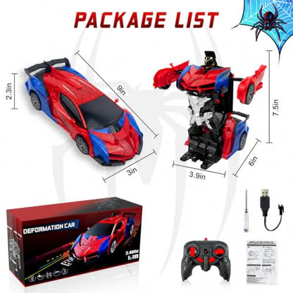 Spider Remote Control Car Toy for Boys, 2.4Ghz RC Transform Robot, 1:18 Scale One-Button Deformation 360°Rotation Car with Underbody Lights, Gifts for Boys Ages 3 4 5 6 7 8 9 10 11 12 - style: Spiderman